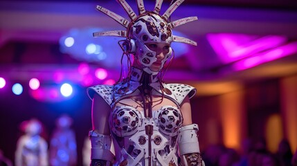 Halloween fashion runway with biomechanical costume designs