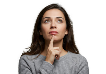 Naklejka premium Woman looking up with finger on her lip on transparent background