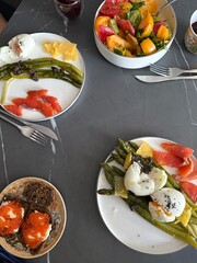 Gourmet Breakfast with Poached Eggs, Asparagus and Red Caviar