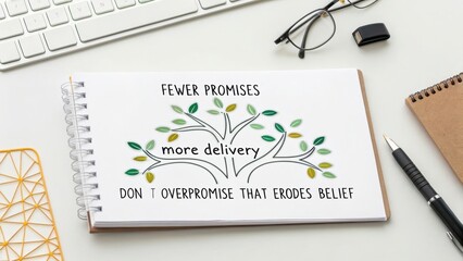 Fewer Promises More Delivery Illustration on Notebook with Workspace