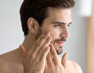 Fototapeta premium Man Applying Moisturizer in Morning Routine