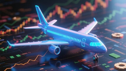 Futuristic Airplane Soaring Above Dynamic Stock Market Data Visualization: 3D Render