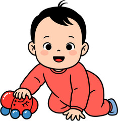 Fototapeta premium Adorable cartoon baby crawling and playing with a toy car.