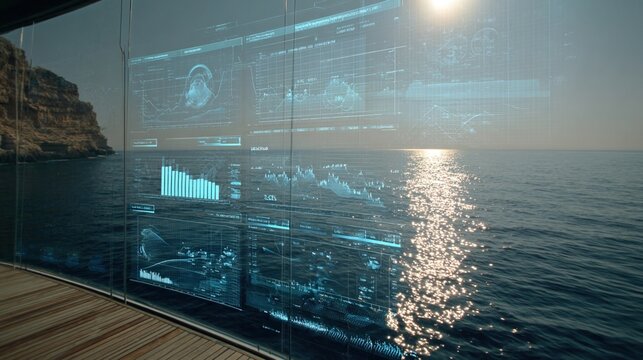 A futuristic interface projected onto a transparent screen highlighting predictive algorithms that calculate optimal trim and list. Graphs and charts display data analytics for past