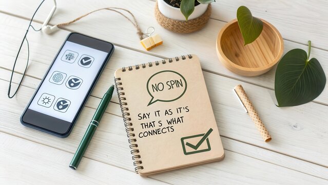 Notebook with Inspirational Quote, Smartphone and Natural Elements