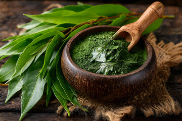 Natural Thai herbal remedy made from organic Kariyat leaves, scientifically identified as Andrographis paniculata Wall ex Ness, belonging to the Acanthaceae family.