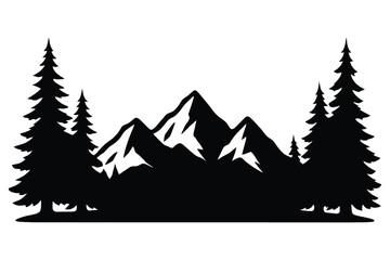 Silhouette of pine trees and snow capped mountains against white background