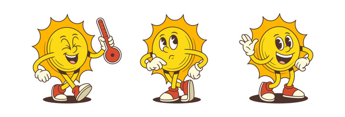 Bright cartoon sun mascot with playful expressions, including waving, thinking, and holding a thermometer. Ideal for weather apps, summer ads, or educational designs. Vector illustration © provectors