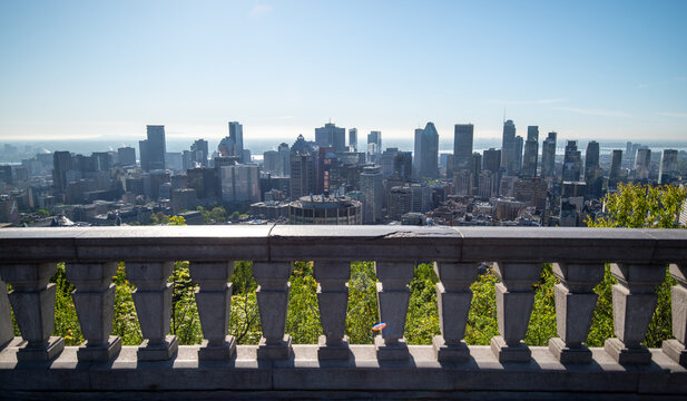 Scenic view of Montreal's skyline showcasing its diverse architecture, with lush green trees in the foreground and the St. Lawrence River in background. - Powered by Adobe