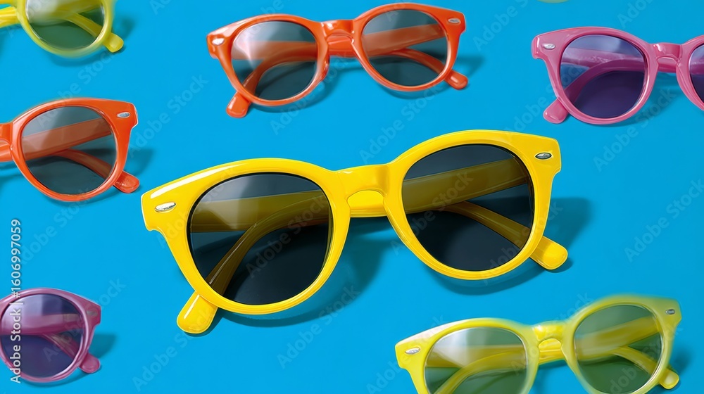 Poster collection of colorful sunglasses are displayed on a blue background. the sunglasses are arranged in