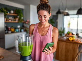 Woman making healthy green shake in bright kitchen while checking phone for recipe