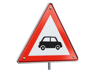 Red triangular traffic sign warning of cars ahead.