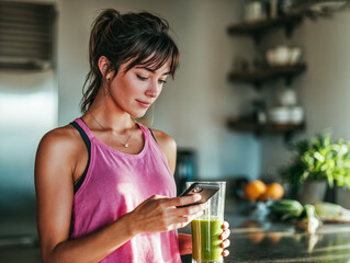 Young woman enjoying a green smoothie while using her smartphone in a bright kitchen