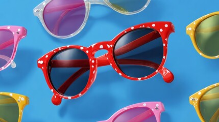 Row of colorful sunglasses with polka dots on the lenses. The sunglasses are arranged in a row on a blue background