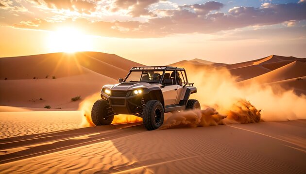Off-road vehicle in desert sunset (1) - Powered by Adobe