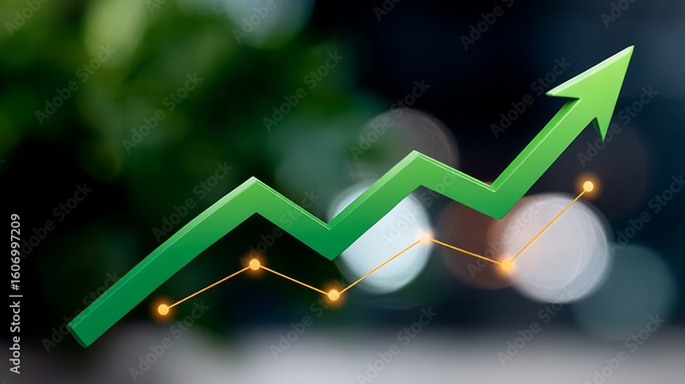 Poster green arrow pointing upwards with a line underneath it. the line is orange and has dots on it