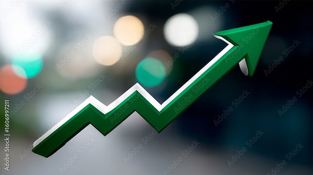 Aufkleber green arrow pointing upwards with a line underneath it. the image has a blurry background and a gree