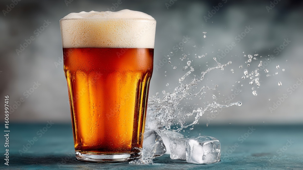Poster glass of beer with ice cubes in it. the ice cubes are melting and creating a splash of water. concep