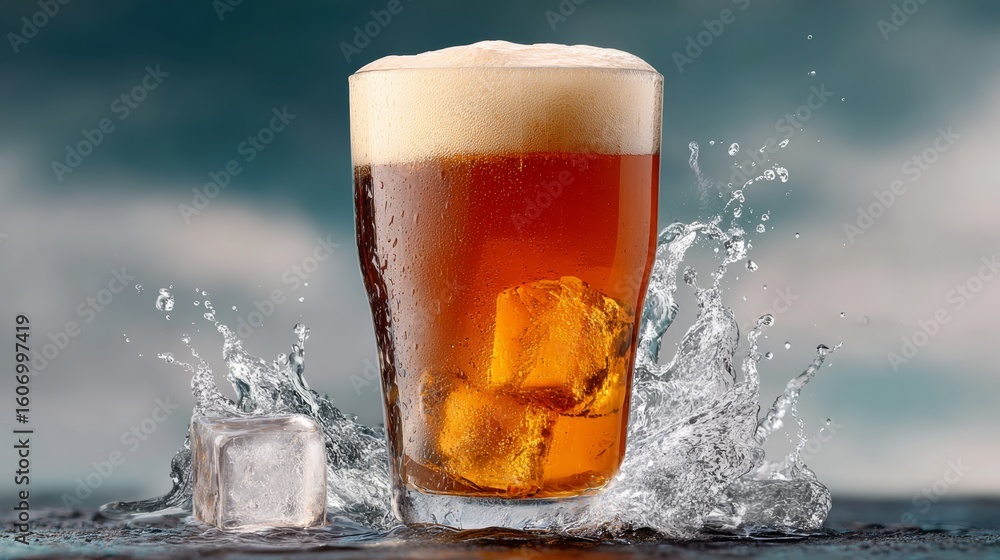 Poster glass of beer with ice cubes in it is splashing water. concept of fun and relaxation, as the beer an