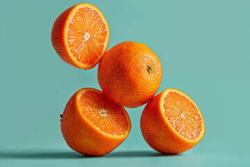 Fresh oranges arranged artistically on a vibrant blue background, showcasing their juicy segments and bright color contrast