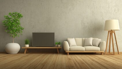 Modern living room interior design with a flat-screen television and a light beige sofa.