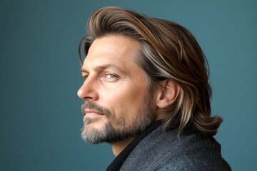 Image of style for aging men. Blue solid background. A graceful mature man with a modern hairstyle. Fashionable men's classic long sweep haircut - midlife white man with hair.