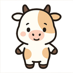 A sweet cartoon cow with white and brown patches, featuring a gentle smile and small horns, standing on a clean, isolated background.