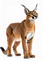 Fototapeta premium A majestic caracal cat stands tall against a clean, white background, showcasing its features.