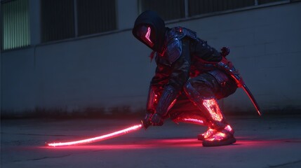Urban ninja vampire with glowing sword and LED accents