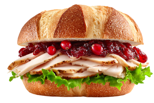 On transparent background a festive turkey sandwich with sweet cranberry sauce and fresh lettuce on a rustic