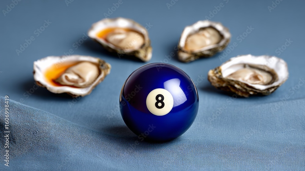 Poster blue ball with the number 8 on it sits on a table with several oysters. the scene is playful and lig
