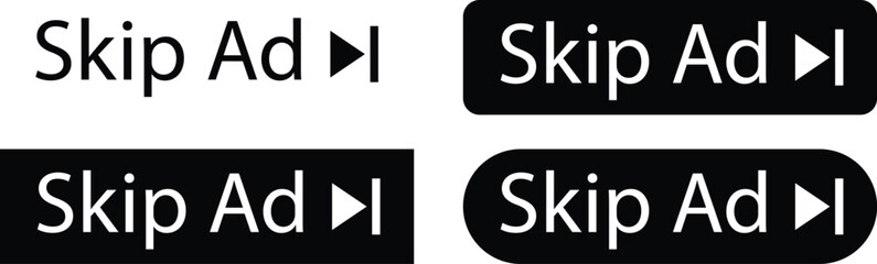 Skip ads buttons and icons set in flat, solid, and colorful vector styles. Media control button group, skip advertisement collection, next, forward, video navigation, and playback symbols