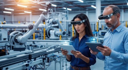 Engineers monitoring smart factory systems using tablets and augmented reality.