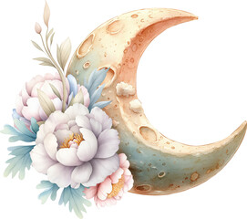 A watercolor crescent moon with crater texture, adorned with a bouquet of pastel peonies and foliage. An atmospheric, romantic composition in soft hues that blends lunar and floral motifs.