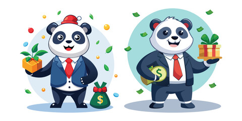 Adorable Panda CEO Giving Holiday Bonus to Employee – Festive Business Vector Illustration Perfect for Corporate Celebrations, Year-End Rewards, and Office Holiday Cheer Designs