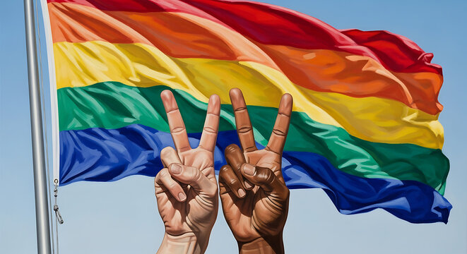 Diverse Hands Making Peace Signs Against a Vibrant Rainbow Flag - Powered by Adobe