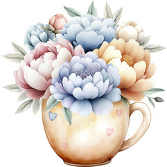 Cozy watercolor artwork of a golden ceramic mug filled with lush pastel peonies and leaves. The romantic palette and delicate detailing suit wedding stationery, cottagecore branding, cards, posters