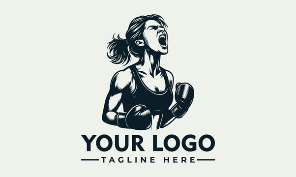 Powerful female boxer logo design, victorious pose, monochrome illustration, strong woman. - Powered by Adobe