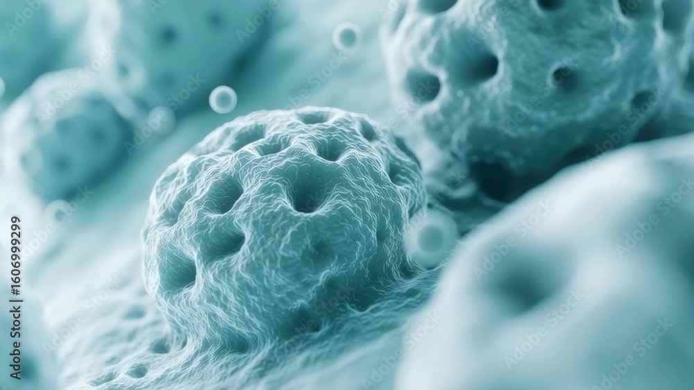 Poster microscopic view of cellular structures with textured surface and intricate patterns