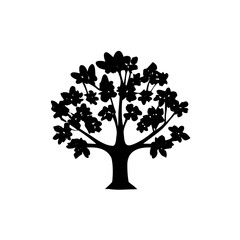 Silhouette of a tree with dense foliage and a sturdy trunk against a white background in simple style