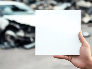 Obraz premium A hand holds a blank white card in front of a damaged white vehicle and a pile of discarded metal, emphasizing contrast and potential messaging.