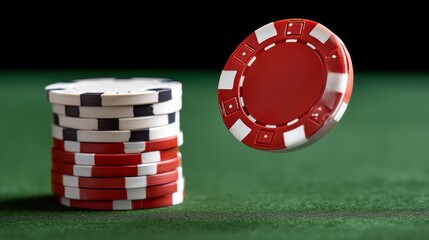 Pile of poker chips is on a green table. A red chip is flying through the air