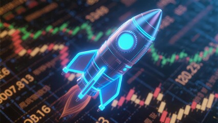 Futuristic Rocket Launching on Stock Market Data: Tech Startup Growth and Investment Success