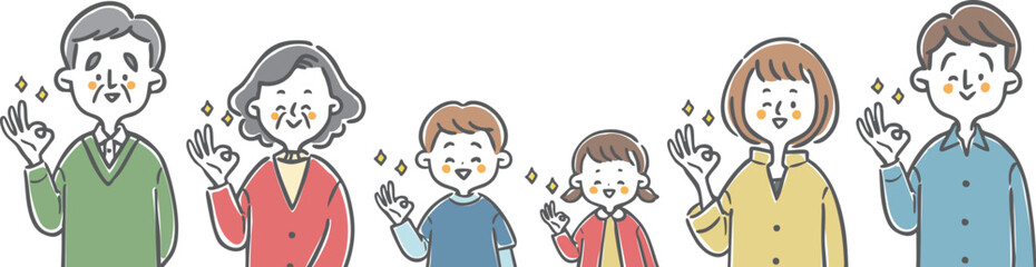 OKサインをする家族三世代　上半身　ベクター
