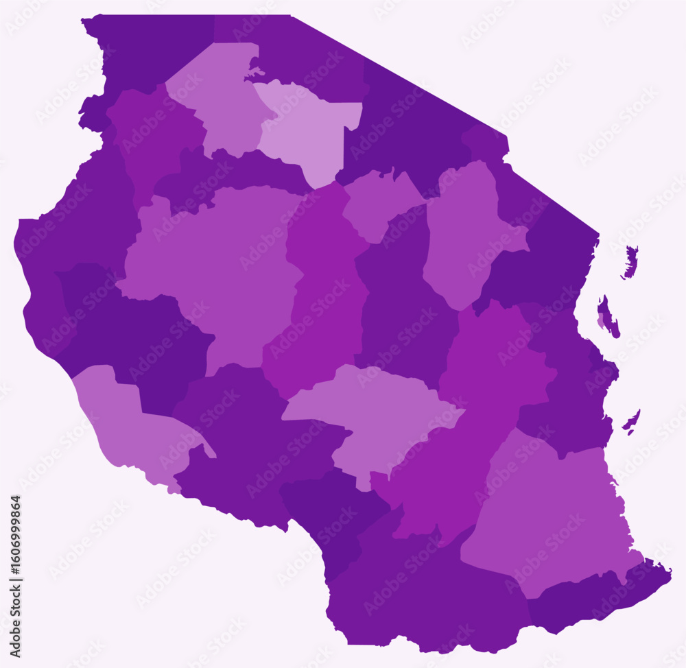 Poster map of tanzania with regions. just a simple country border map with region division. purple color pa