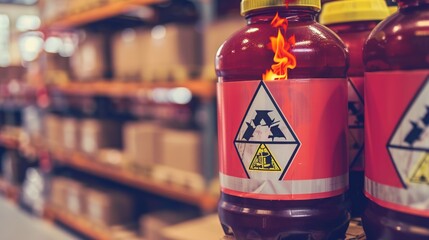 Red warning label on packaged product with bold text, symbolizing safety alert and consumer protection, product hazard caution sign for commercial goods.
