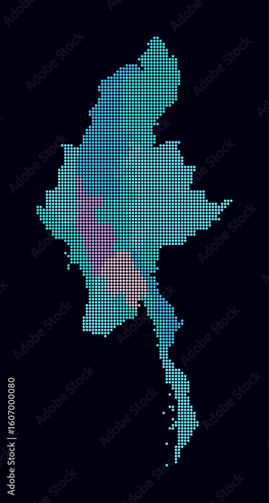 Poster myanmar dotted map. digital style map of the country on dark background. myanmar shape with circle d