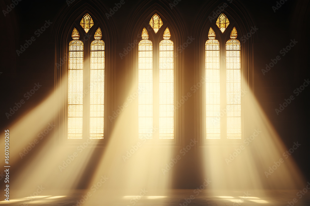Poster sunlight streams through arched windows, creating a serene and ethereal atmosphere, illuminating the
