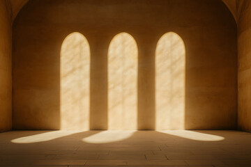 Arched windows cast a golden glow on the interior stone walls. The play of light creates an inviting, serene atmosphere in this architectural space.