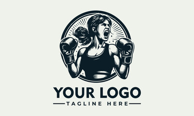 Powerful female boxer logo design, fierce expression, boxing gloves, vintage style.